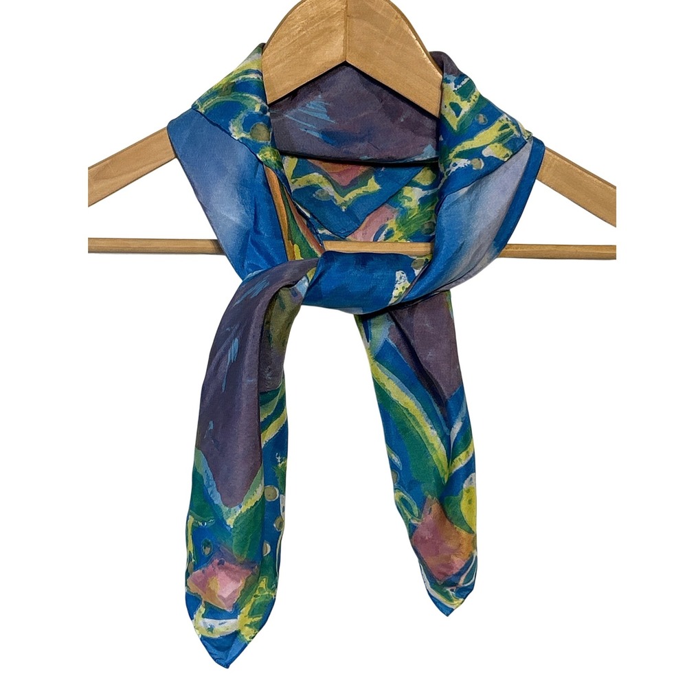 VTG Vibrant Abstract Art Silk Neck Scarf Blue Yellow‎ Pink Green Square 29x29